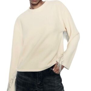 ZARA Silver Rhinestone Fringe Soft Crew Neck Sweater Size S NEW